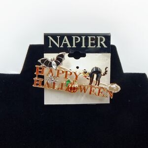 Napier Happy Halloween Brooch Pin Cat Bat Spider Pumpkin Broom Gold Tone